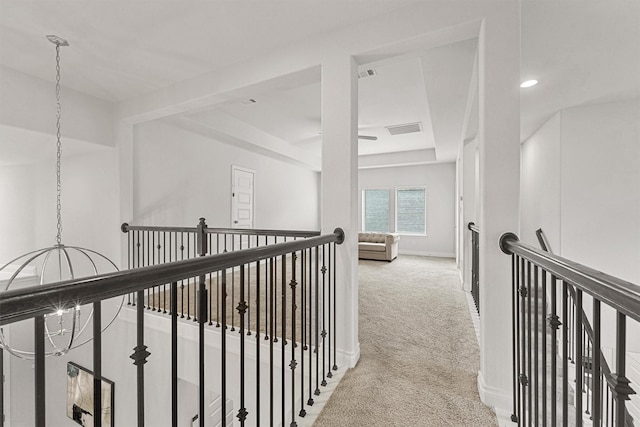14251 Archer County Trl, Cypress, TX 77429 - hall featuring an upstairs landing, carpet floors, and a raised ceiling