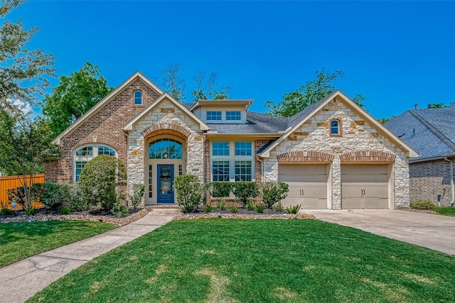 5918 Emmit Creek Ln, Sugar Land, TX 77479 - view of front facade with stone siding, a garage, concrete driveway, brick siding, and a shingled roof