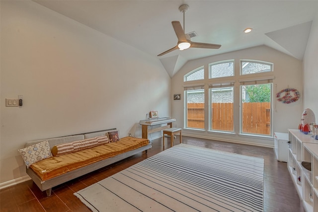 5918 Emmit Creek Ln, Sugar Land, TX 77479 - bedroom with wood finished floors, lofted ceiling, and a ceiling fan