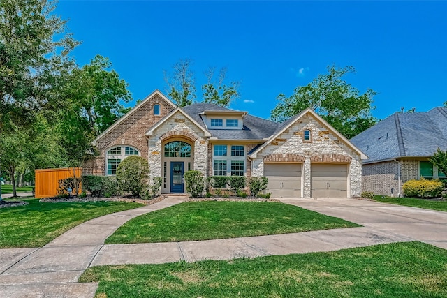 5918 Emmit Creek Ln, Sugar Land, TX 77479 - view of front of house featuring stone siding, an attached garage, concrete driveway, and a front yard