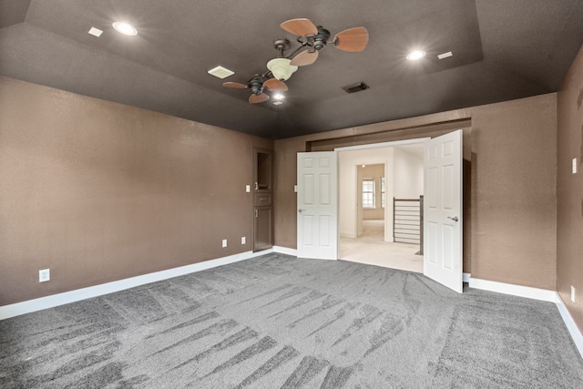 13826 Swan Hollow Ln, Houston, TX 77041 - spare room with a ceiling fan, carpet, lofted ceiling, and recessed lighting