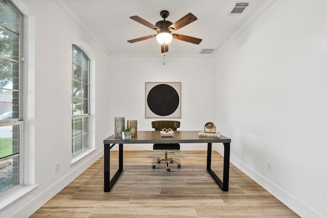 13826 Swan Hollow Ln, Houston, TX 77041 - office with crown molding, healthy amount of natural light, ceiling fan, and light wood finished floors