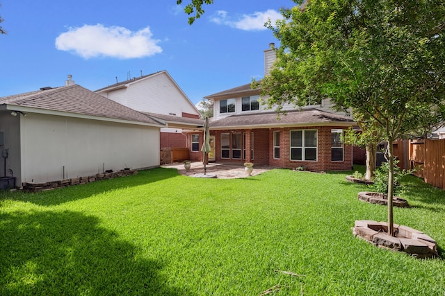 13826 Swan Hollow Ln, Houston, TX 77041 - rear view of property with a patio, a fenced backyard, a chimney, brick siding, and roof with shingles