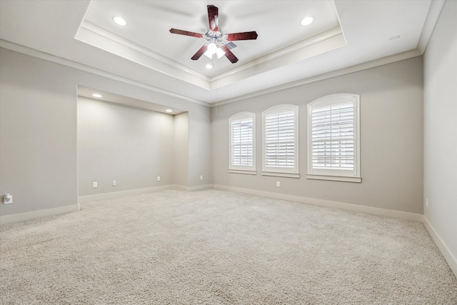 4205 Dickson St, Houston, TX 77007 - carpeted empty room with ornamental molding, recessed lighting, a ceiling fan, and a raised ceiling