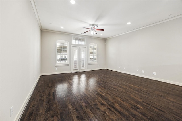4205 Dickson St, Houston, TX 77007 - unfurnished room with ceiling fan, ornamental molding, dark wood finished floors, recessed lighting, and french doors