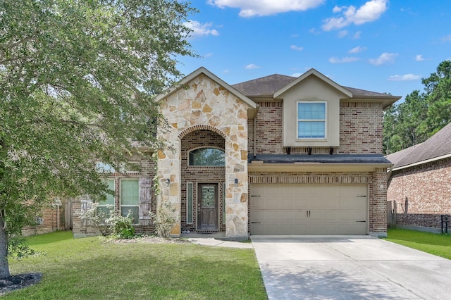 7455 Durango Creek Dr, Magnolia, TX 77354 - french country style house with a garage, a front lawn, concrete driveway, brick siding, and stone siding