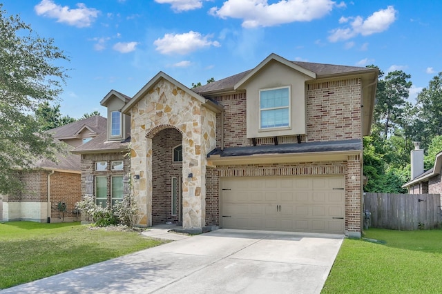 7455 Durango Creek Dr, Magnolia, TX 77354 - view of front of property with driveway, an attached garage, stone siding, brick siding, and a shingled roof