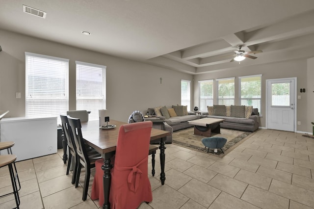 7455 Durango Creek Dr, Magnolia, TX 77354 - dining room with a ceiling fan, light tile patterned flooring, beam ceiling, and coffered ceiling