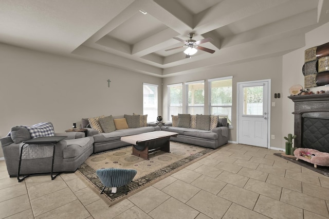 7455 Durango Creek Dr, Magnolia, TX 77354 - living area featuring coffered ceiling, ceiling fan, light tile patterned flooring, a fireplace, and beamed ceiling
