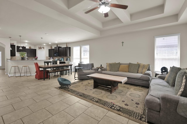 7455 Durango Creek Dr, Magnolia, TX 77354 - living room with ceiling fan, light tile patterned flooring, recessed lighting, beamed ceiling, and coffered ceiling