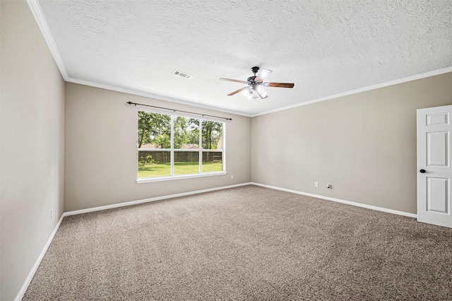 2452 Ripplewood Dr, Conroe, TX 77384 - empty room featuring carpet flooring, ceiling fan, a textured ceiling, and ornamental molding