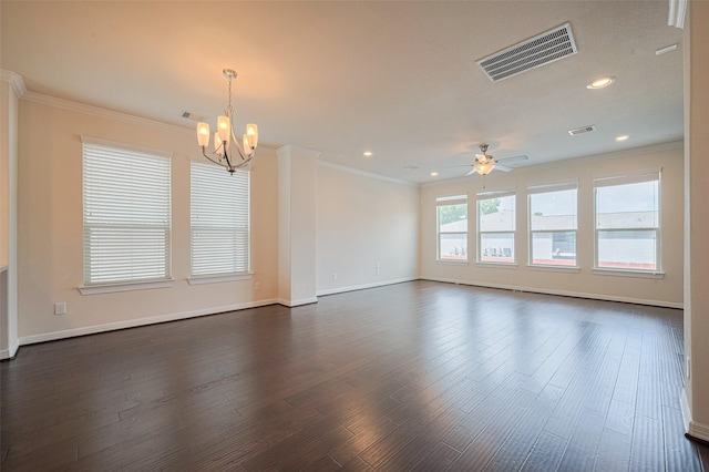 10004 Spring Shadows Park Cir, Houston, TX 77080 - spare room featuring ceiling fan, a chandelier, dark wood-style flooring, crown molding, and recessed lighting