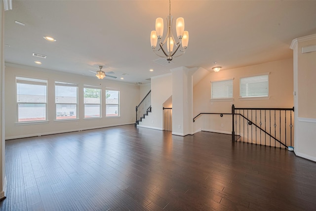 10004 Spring Shadows Park Cir, Houston, TX 77080 - unfurnished living room with a ceiling fan, dark wood-style flooring, ornamental molding, recessed lighting, and a chandelier