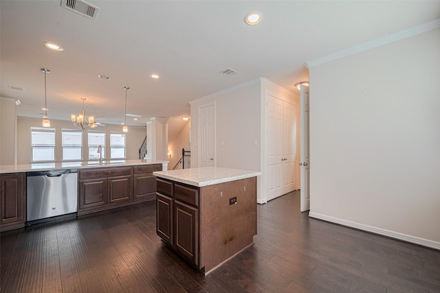 10004 Spring Shadows Park Cir, Houston, TX 77080 - kitchen featuring stainless steel dishwasher, light countertops, a center island, a chandelier, and dark wood-style flooring