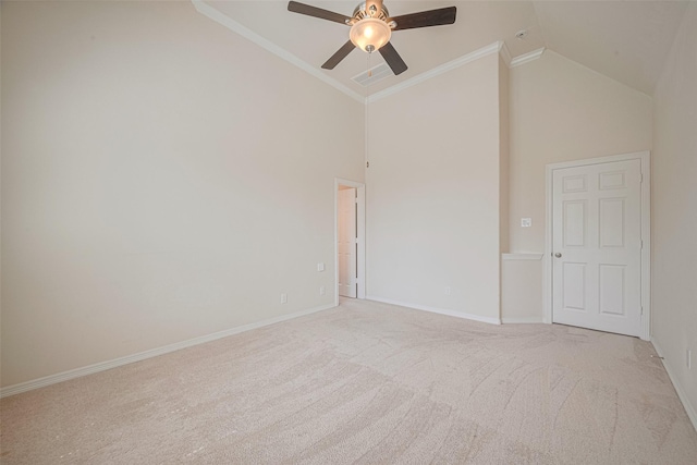 10004 Spring Shadows Park Cir, Houston, TX 77080 - spare room featuring high vaulted ceiling, light carpet, a ceiling fan, and ornamental molding