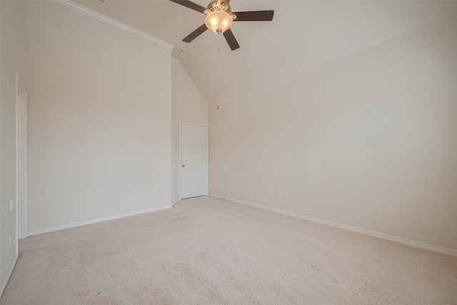 10004 Spring Shadows Park Cir, Houston, TX 77080 - empty room featuring light carpet, ceiling fan, and vaulted ceiling