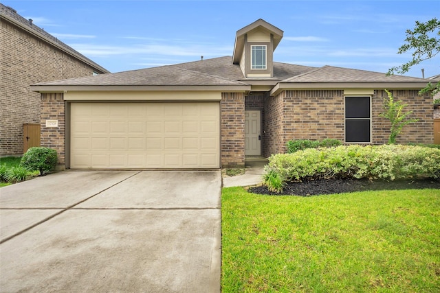 12326 Sabine Point Dr, Humble, TX 77346 - view of front facade featuring brick siding, concrete driveway, a garage, a shingled roof, and a front yard