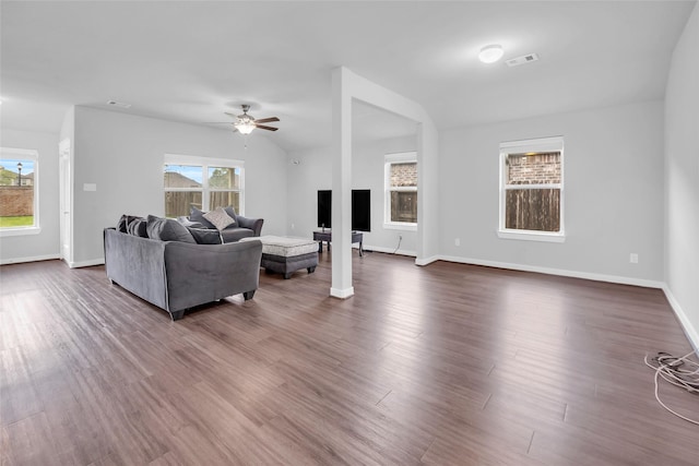 12326 Sabine Point Dr, Humble, TX 77346 - living room with ceiling fan, healthy amount of natural light, and dark wood-style floors