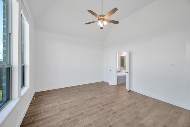 30218 Indigo Falls Dr, Brookshire, TX 77423 - spare room featuring ceiling fan, high vaulted ceiling, and wood finished floors