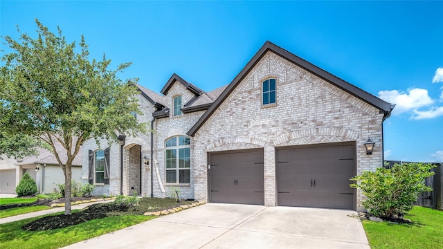 30218 Indigo Falls Dr, Brookshire, TX 77423 - french country style house with concrete driveway, an attached garage, and brick siding