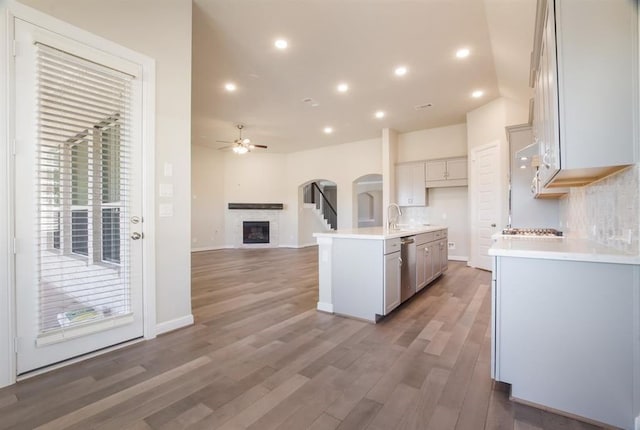 5715 Caper Shores Ln, Sugar Land, TX 77479 - kitchen with ceiling fan, dishwasher, light wood-type flooring, light countertops, and a fireplace