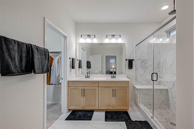 3226 Longleaf Meadows Dr, Houston, TX 77063 - bathroom with marble finish flooring, a marble finish shower, and double vanity