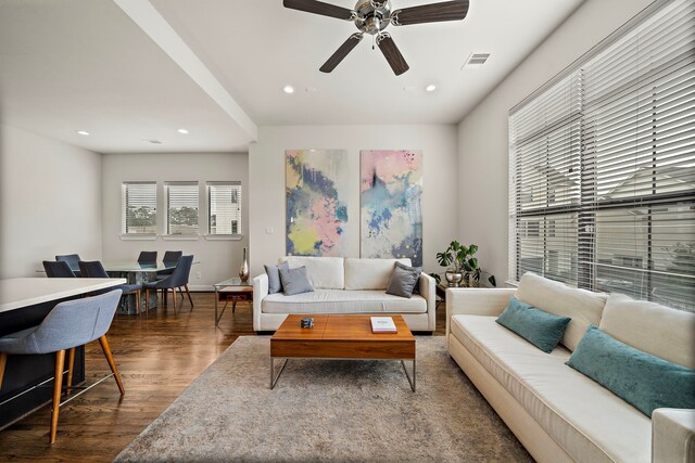 3929 Tulane Oak Dr, Houston, TX 77018 - living area with wood finished floors, ceiling fan, and recessed lighting