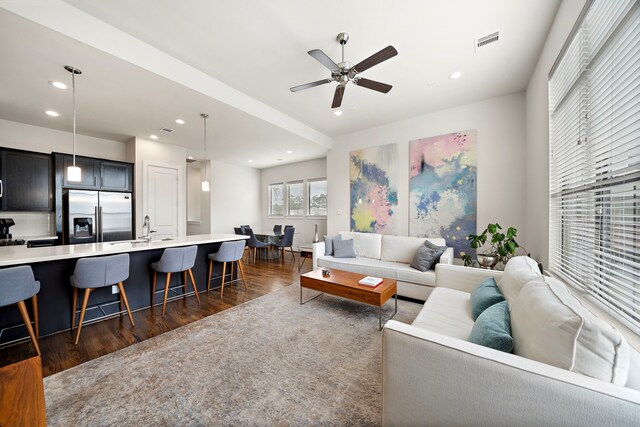 3929 Tulane Oak Dr, Houston, TX 77018 - living area with dark wood-type flooring, recessed lighting, and ceiling fan
