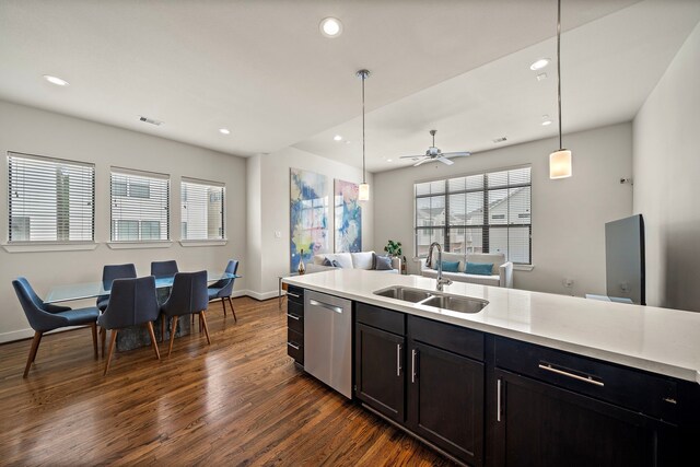 3929 Tulane Oak Dr, Houston, TX 77018 - kitchen featuring dishwasher, dark wood-style flooring, recessed lighting, light countertops, and open floor plan