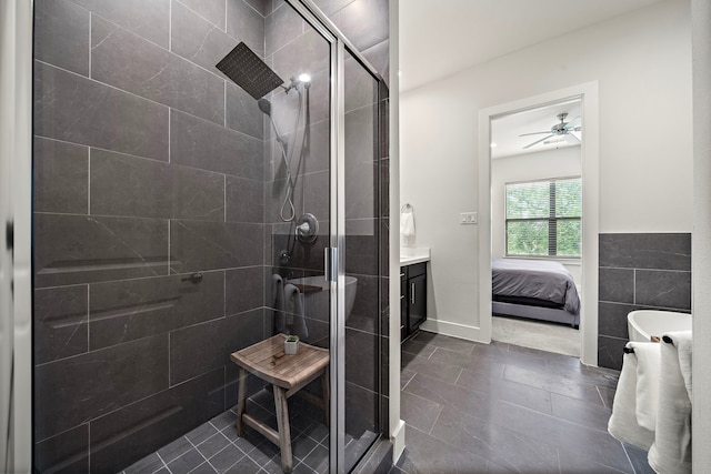 3929 Tulane Oak Dr, Houston, TX 77018 - bathroom with vanity, a stall shower, a ceiling fan, and connected bathroom