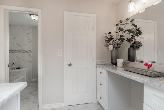 12707 Pleasant Grove Rd, Cypress, TX 77429 - full bathroom featuring marble finish flooring, a bath, vanity, and a shower
