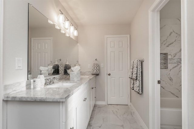 12707 Pleasant Grove Rd, Cypress, TX 77429 - full bathroom with vanity, marble look tile flooring, and bathtub / shower combination