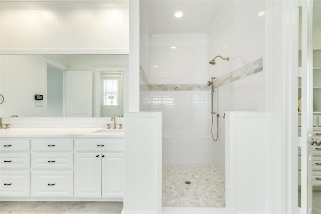 20611 E Sunset Bay Dr, Galveston, TX 77554 - bathroom with a walk in shower, crown molding, and double vanity