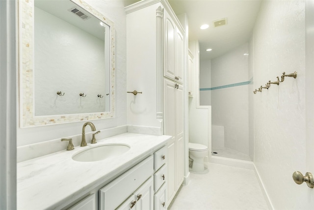 20611 E Sunset Bay Dr, Galveston, TX 77554 - bathroom with vanity, a walk in shower, and recessed lighting