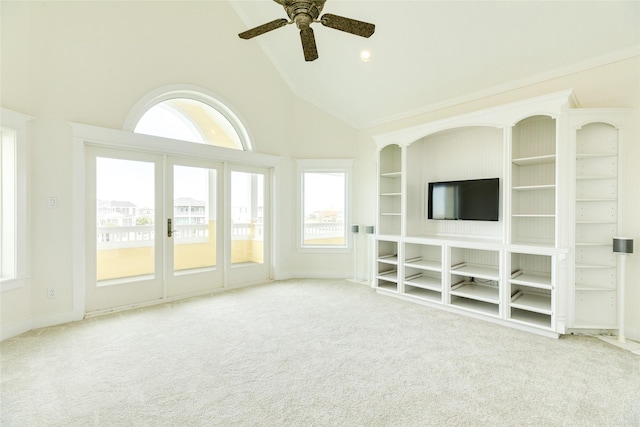 20611 E Sunset Bay Dr, Galveston, TX 77554 - unfurnished living room featuring carpet flooring, a ceiling fan, high vaulted ceiling, and ornamental molding