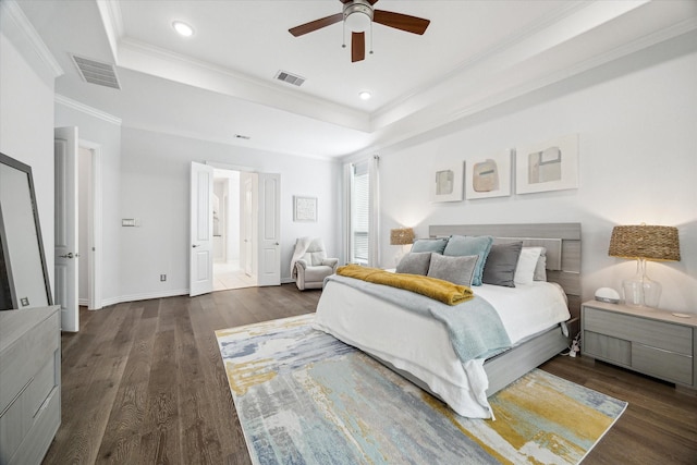 1120 Wakefield Dr, Houston, TX 77018 - bedroom with a tray ceiling, ornamental molding, wood finished floors, recessed lighting, and a ceiling fan