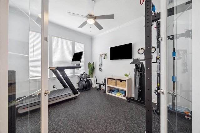 1120 Wakefield Dr, Houston, TX 77018 - exercise room featuring a ceiling fan and ornamental molding