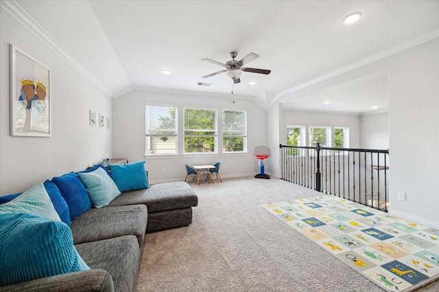 1120 Wakefield Dr, Houston, TX 77018 - living room featuring a ceiling fan, vaulted ceiling, crown molding, carpet, and recessed lighting