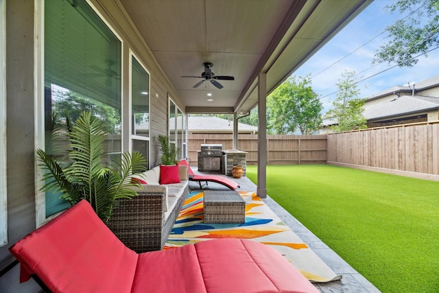 1120 Wakefield Dr, Houston, TX 77018 - fenced backyard featuring a ceiling fan, area for grilling, and a patio