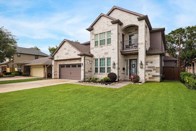 1120 Wakefield Dr, Houston, TX 77018 - view of front of house with stone siding, a balcony, a garage, and concrete driveway