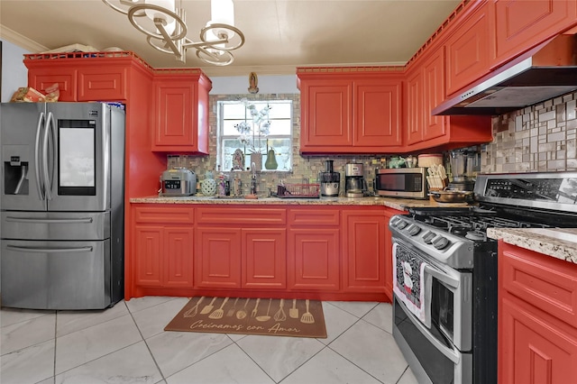 1318 Des Jardines St, Houston, TX 77023 - kitchen featuring stainless steel appliances, under cabinet range hood, a chandelier, ornamental molding, and tasteful backsplash