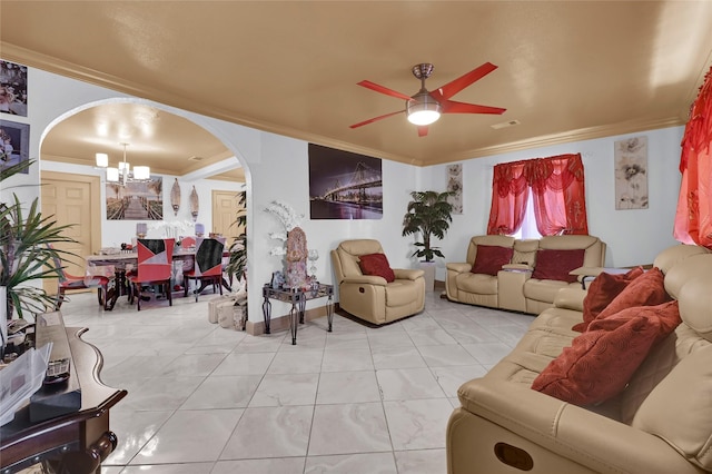 1318 Des Jardines St, Houston, TX 77023 - living area featuring arched walkways, a ceiling fan, a chandelier, crown molding, and marble look tile flooring