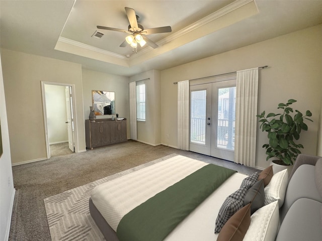 10967 Cannes Memorial Dr, Houston, TX 77043 - carpeted bedroom with a raised ceiling, access to exterior, french doors, crown molding, and ceiling fan