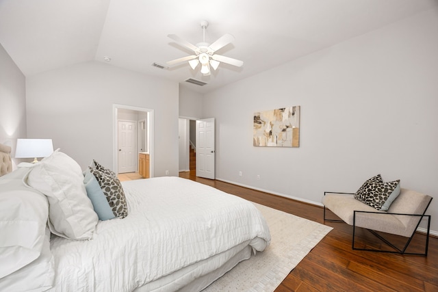 18419 S Raven Shore Dr, Cypress, TX 77433 - bedroom featuring wood finished floors, lofted ceiling, ceiling fan, and ensuite bath