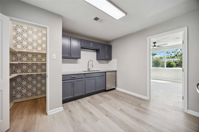 5206 Willow Glen Dr, Houston, TX 77033 - kitchen with stainless steel dishwasher, light wood-type flooring, decorative backsplash, gray cabinetry, and a ceiling fan