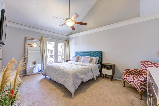 5830 Sampley Way Unit 5830, Houston, TX 77092 - bedroom featuring french doors, light carpet, vaulted ceiling, crown molding, and ceiling fan
