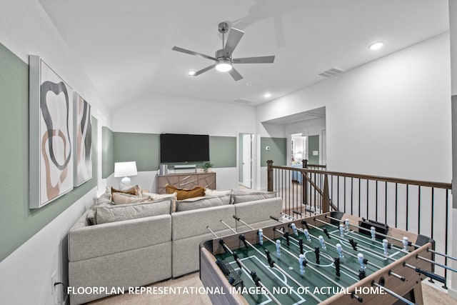 20530 Draper Rd, Tomball, TX 77377 - living area with ceiling fan, lofted ceiling, carpet floors, and recessed lighting