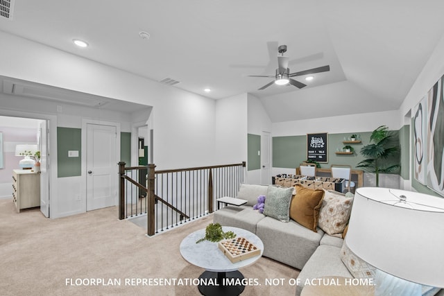 20530 Draper Rd, Tomball, TX 77377 - living area featuring attic access, light carpet, ceiling fan, vaulted ceiling, and recessed lighting