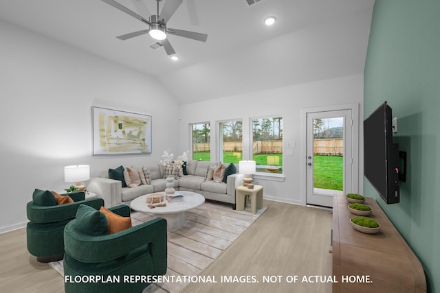 20530 Draper Rd, Tomball, TX 77377 - living area with light wood-type flooring, vaulted ceiling, and ceiling fan