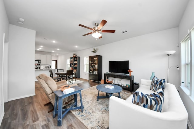 23238 Spring Genesis Ln, Katy, TX 77493 - living room with wood finished floors, a ceiling fan, and recessed lighting